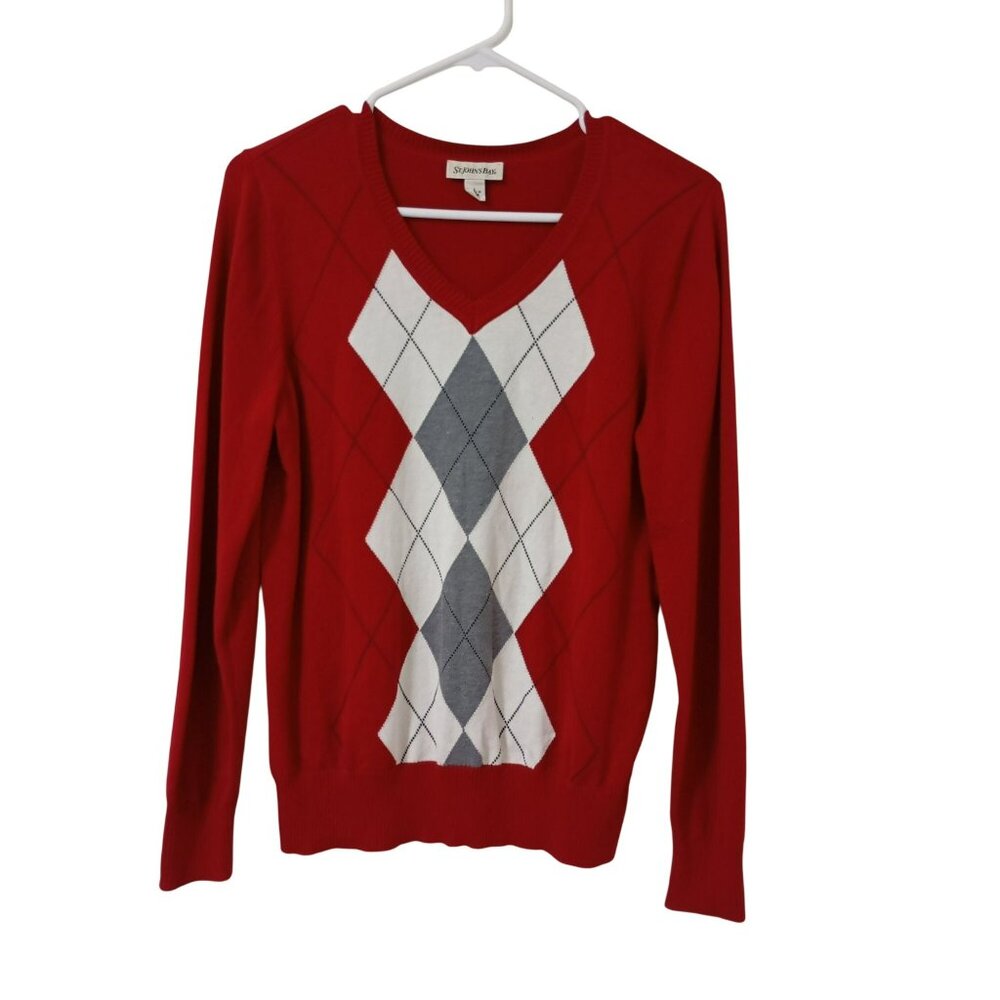 St. Johns Bay Sweater Large 100% Cotton Red Argyle V-Neck Men